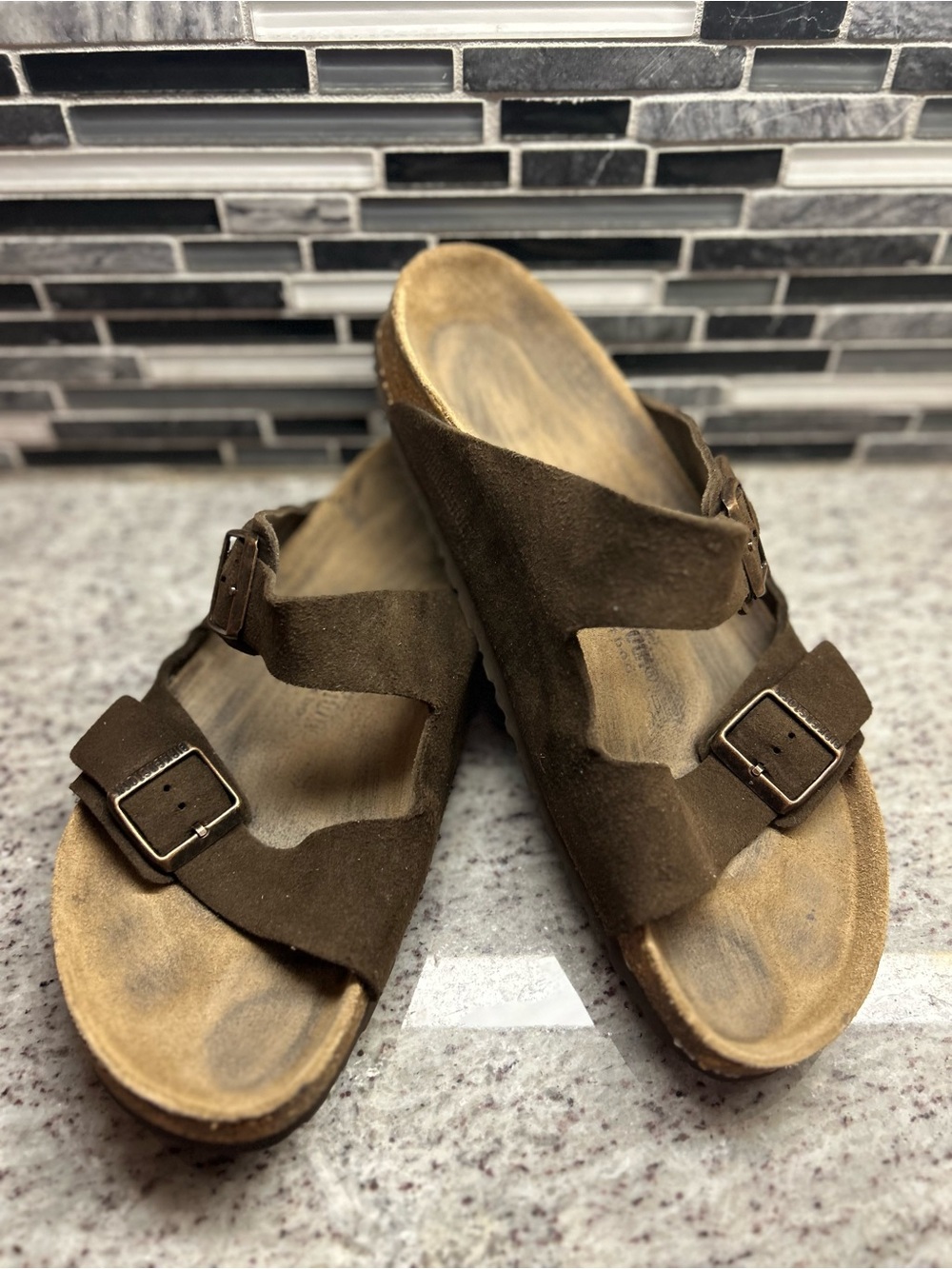 Birkenstock Arizona Mens Brown Suede Double Buckle Slide Sandals size 13 (46)